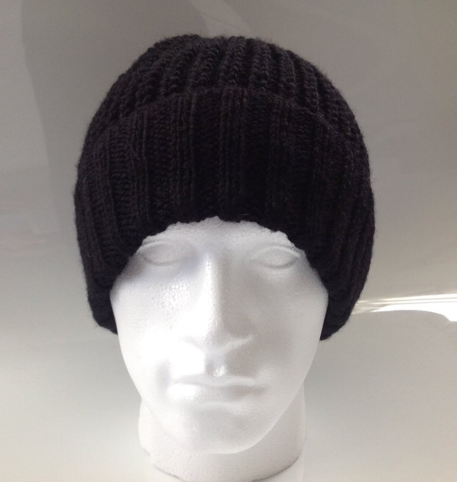 Mens Black 20% Wool Aran Beanie Hat in Half Fisherman's Rib - Hand Knitted 