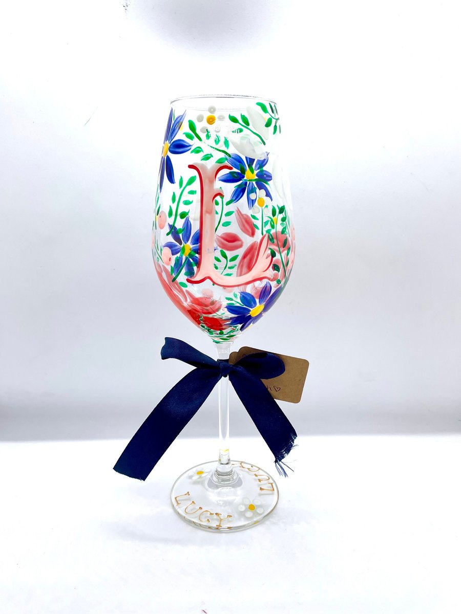 Hand Painted Wine Glass Personalised Wine Glass Flower Design
