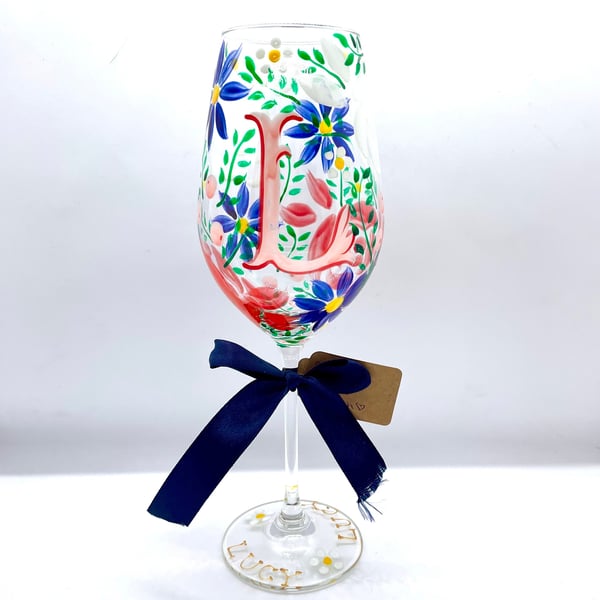 Hand Painted Wine Glass Personalised Wine Glass Flower Design