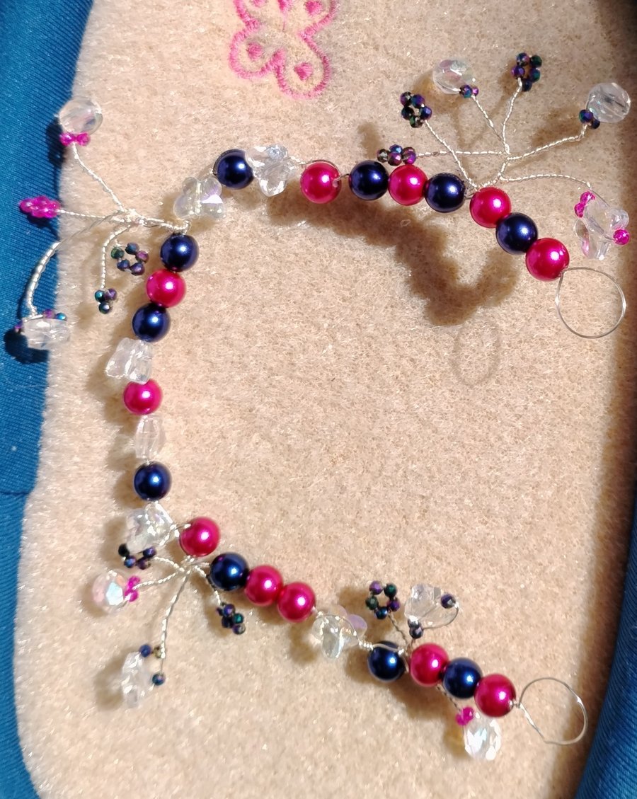 Pink and blue hair vine with buuterfly crystals