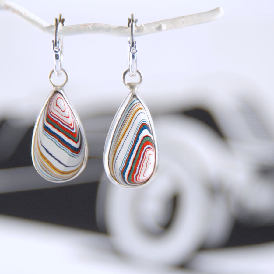 Vintage Dodge fordite earrings - drops on hoops