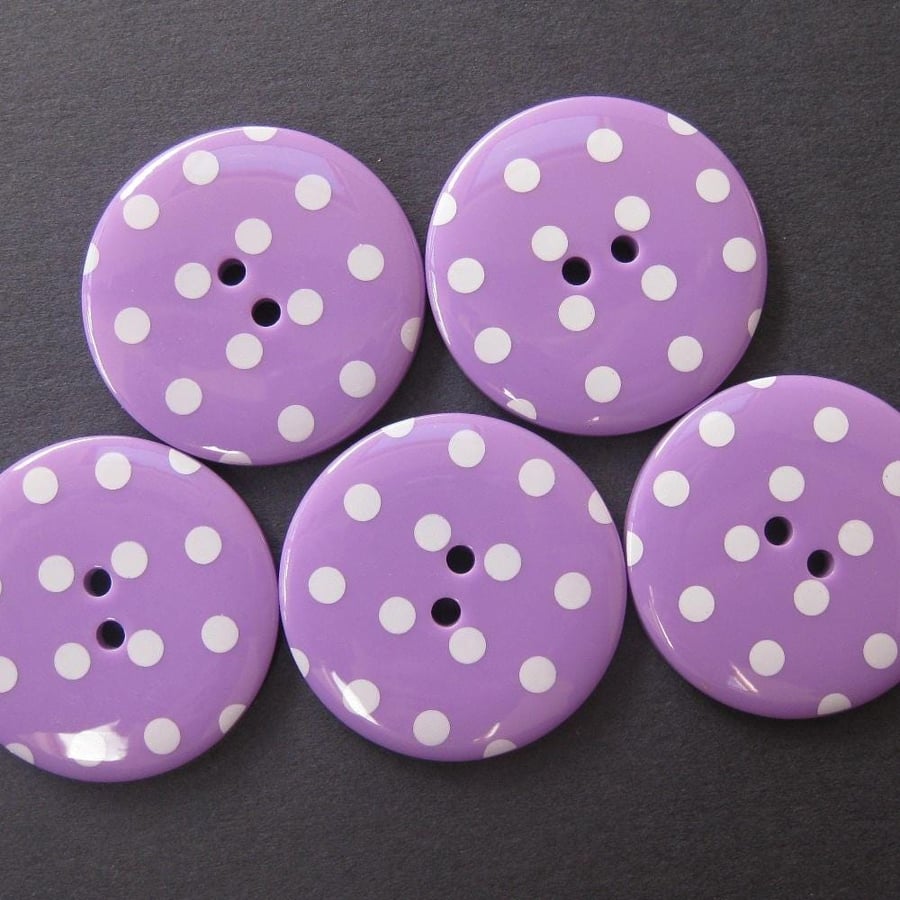 5 Large Purple Plastic Polkadot Buttons, 34mm