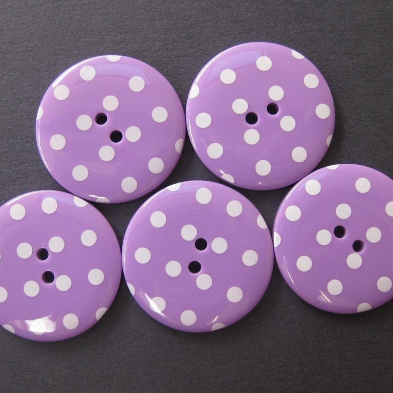 5 Large Purple Plastic Polkadot Buttons, 34mm