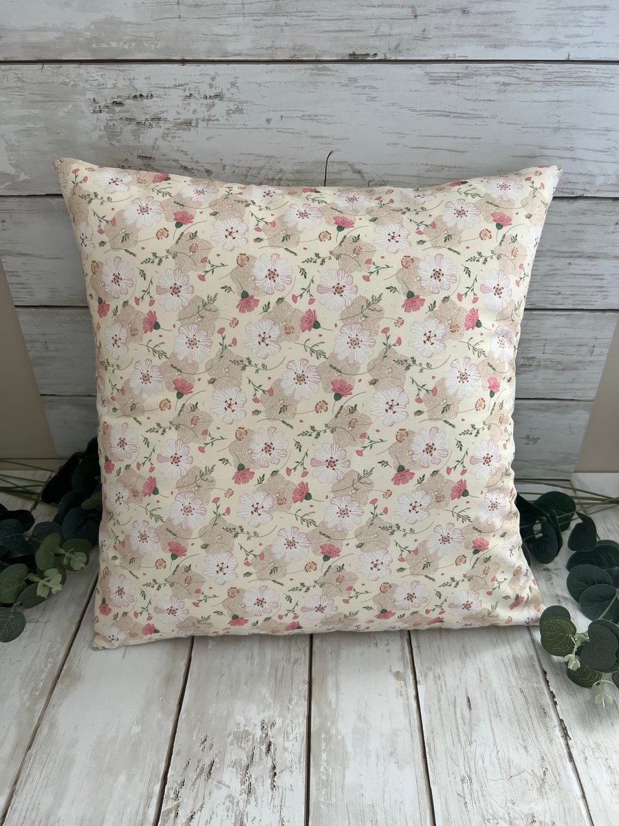 Square Cushion in a Floral Pink & Beige cotton & linen fabric - Home Decor