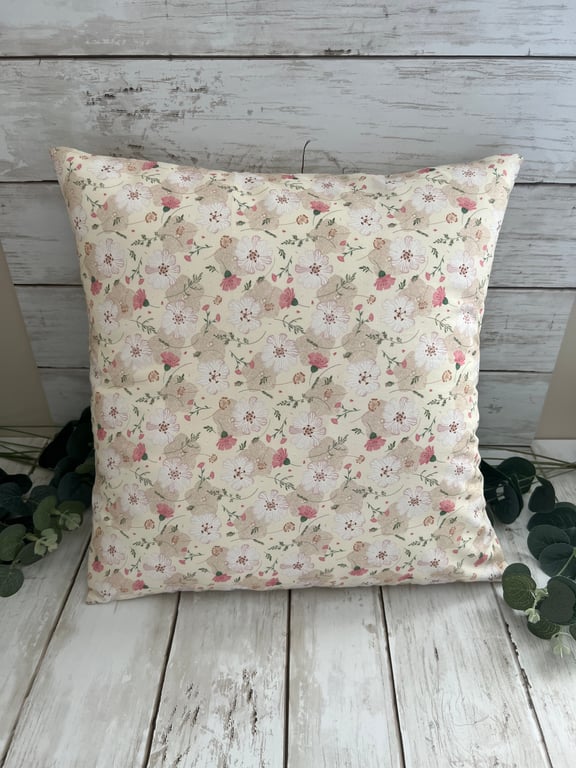 Square Cushion in a Floral Pink & Beige cotton & linen fabric - Home Decor