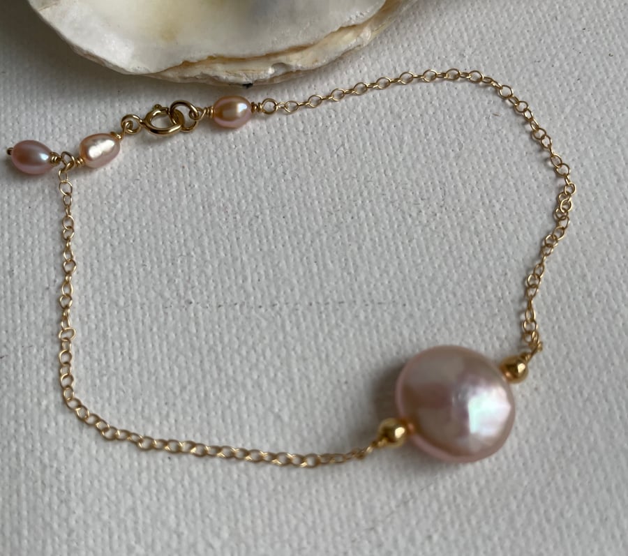 Natural freshwater coin pearl chain bracelet