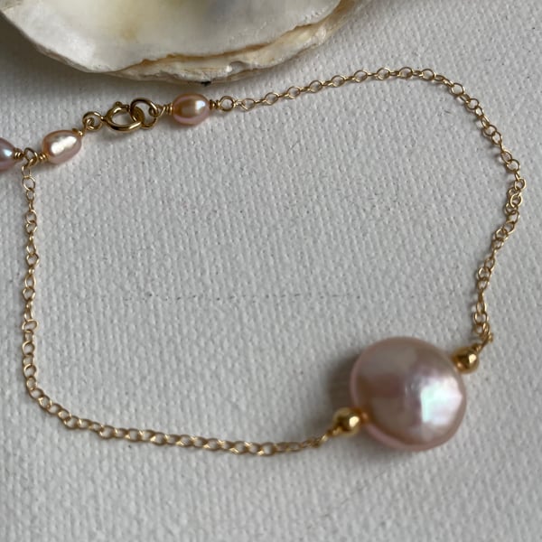 Natural freshwater coin pearl chain bracelet