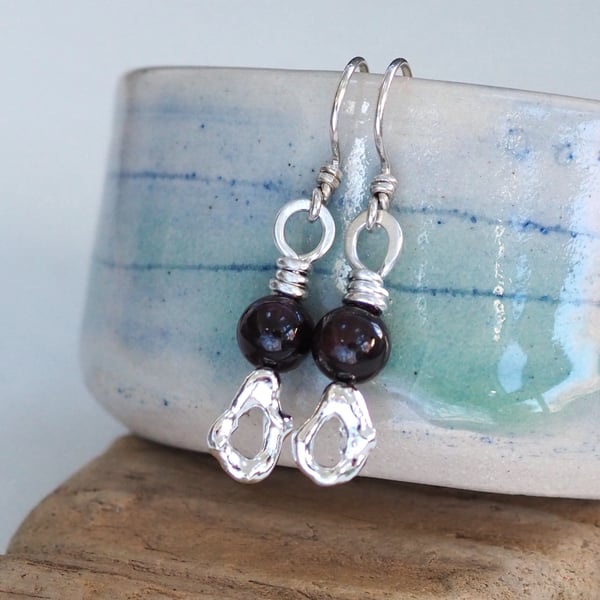 Garnet and molten silver drop earrings, silver dangle earrings, arc jewellery