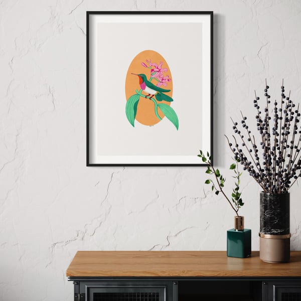 Hummingbird Illustration Art Print - Orange
