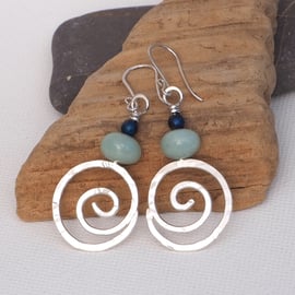 Silver Spiral Earrings, Amazonite Earrings, Silver Dangle Earrings Handmade