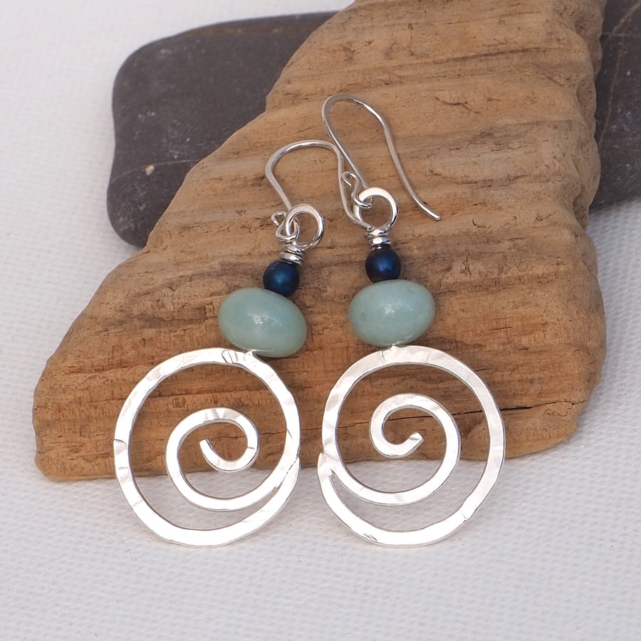 Silver Spiral Earrings, Amazonite, Silver Dangle Earrings Summer Jewellery 