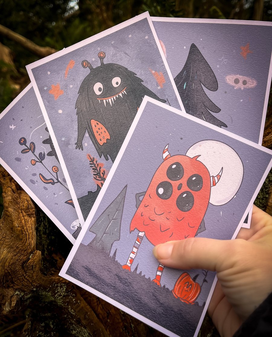 Pack of 4 Monster Postcards - Loveable Monsters - Forest Monsters - Autumn Card 