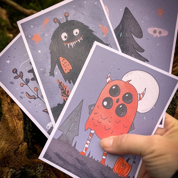 Pack of 4 Monster Postcards - Loveable Monsters - Forest Monsters - Autumn Card 