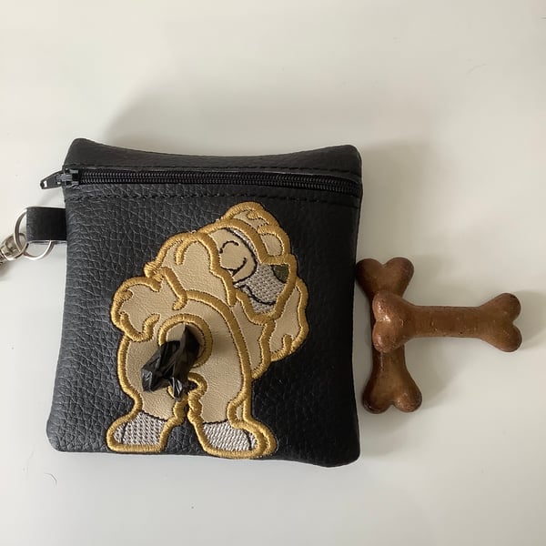 Desirable Spaniel  Embroidered Black  faux leather dog poo bag dispenser ,