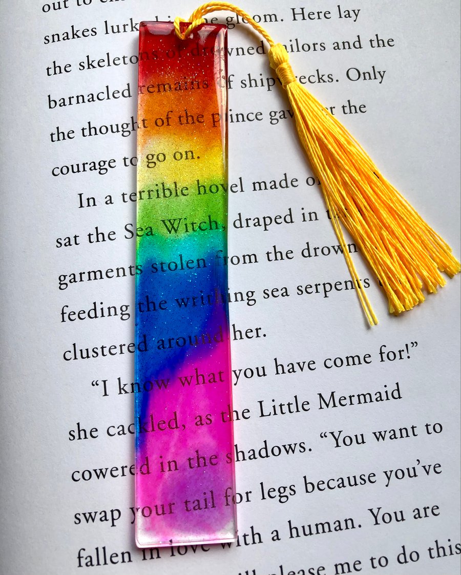 Sparkling Rainbow Resin Bookmark with Yellow  Tassel 