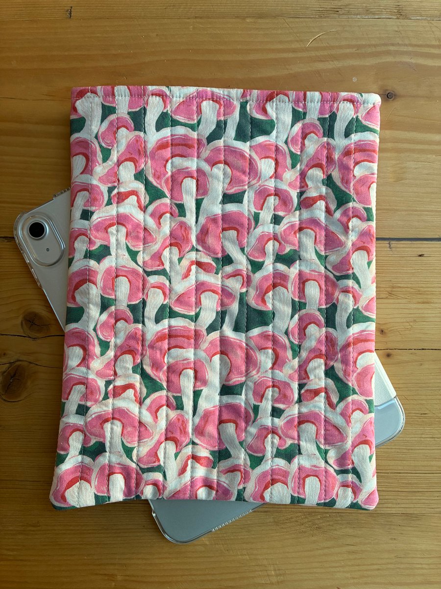 Pink And Cream Mushrooms Print Quilted Fabric I-Pad Sleeve 