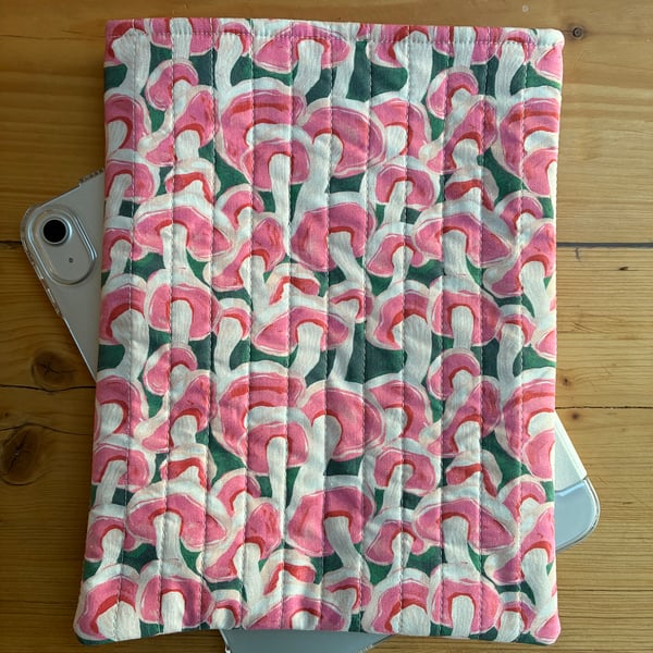 Pink And Cream Mushrooms Print Quilted Fabric I-Pad Sleeve 