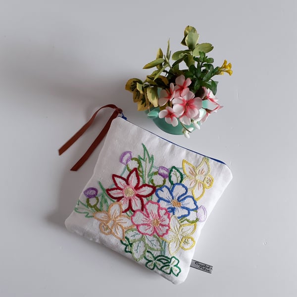 Make up pouch recycled from colourful vintage floral embroidery