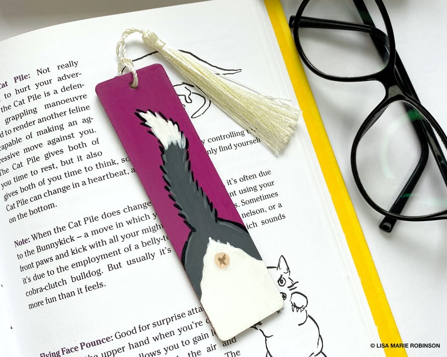 Cat Bum Mini Wooden Bookmark, Grey & White, Hand Painted with Tassel