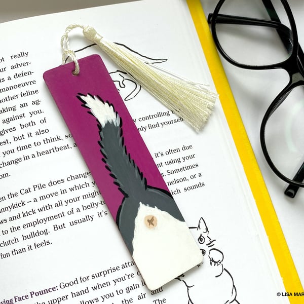 Cat Bum Mini Wooden Bookmark, Grey & White, Hand Painted with Tassel
