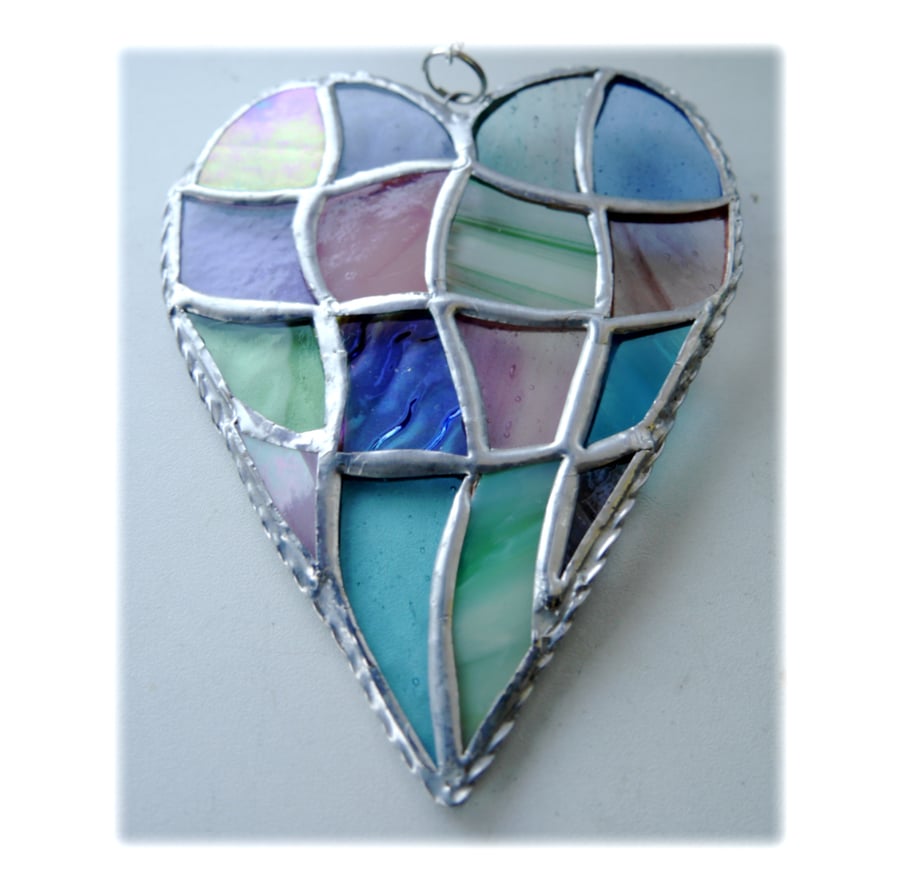 Patchwork Heart Suncatcher Stained Glass Handmade Pastel 041