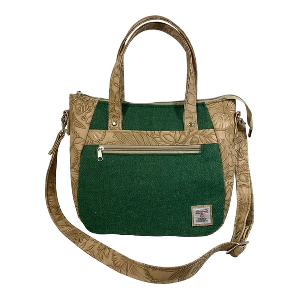 Crossbody Handbag made with green Harris Tweed and caramel floral faux leather 