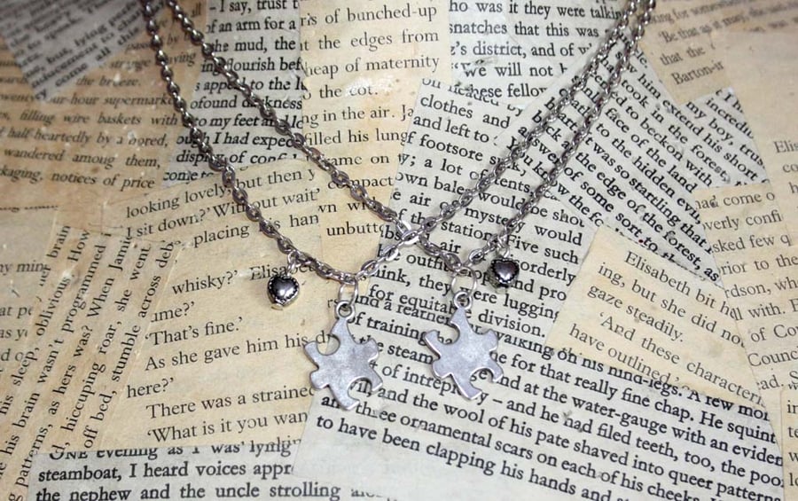 Silver Jigsaw Puzzle Piece Love Heart Necklace Set