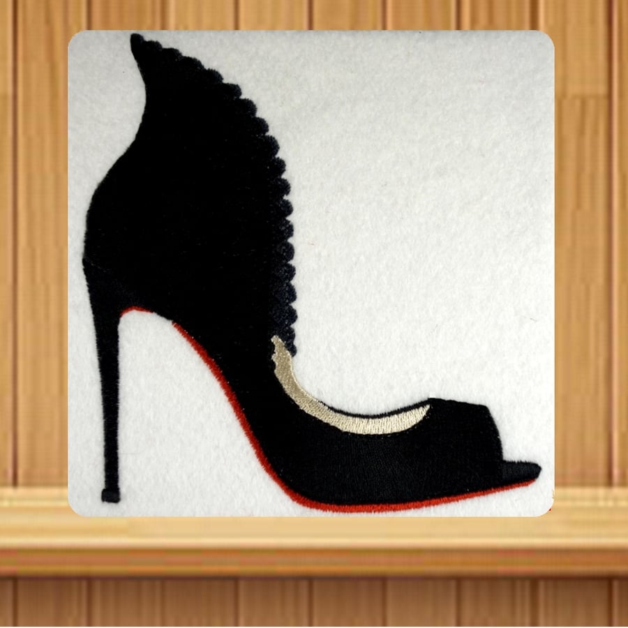 Handmade black high heeled shoe greetings card embroidered design