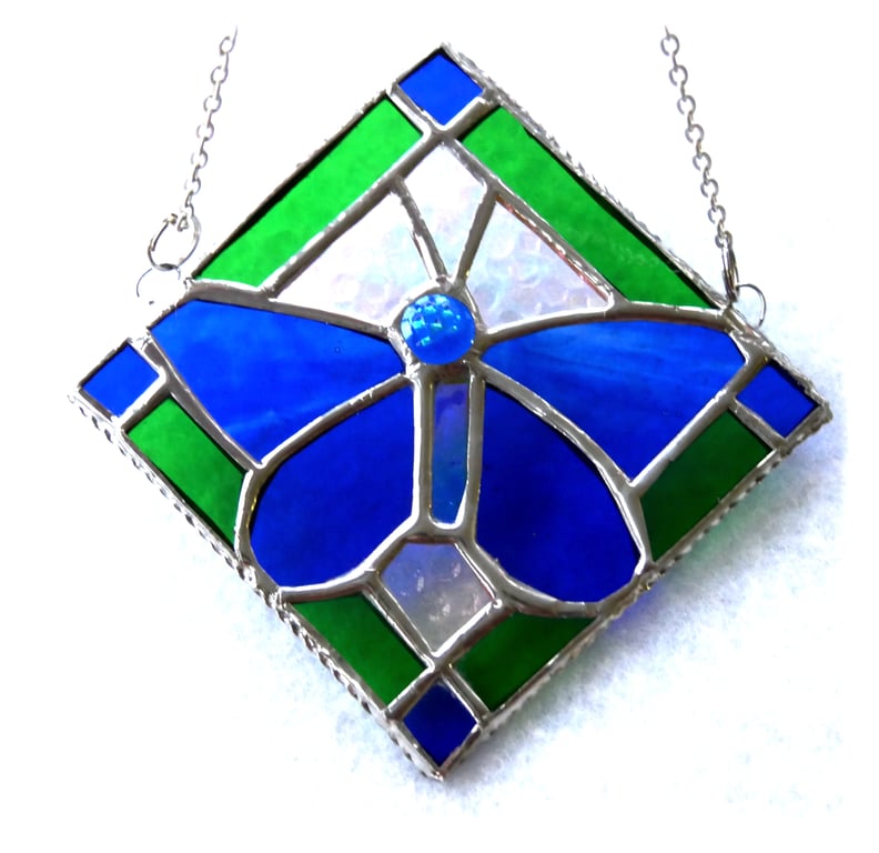 Butterfly Framed Stained Glass Suncatcher Blue Green Tile