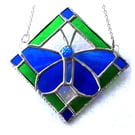 Butterfly Framed Stained Glass Suncatcher Blue Green Tile