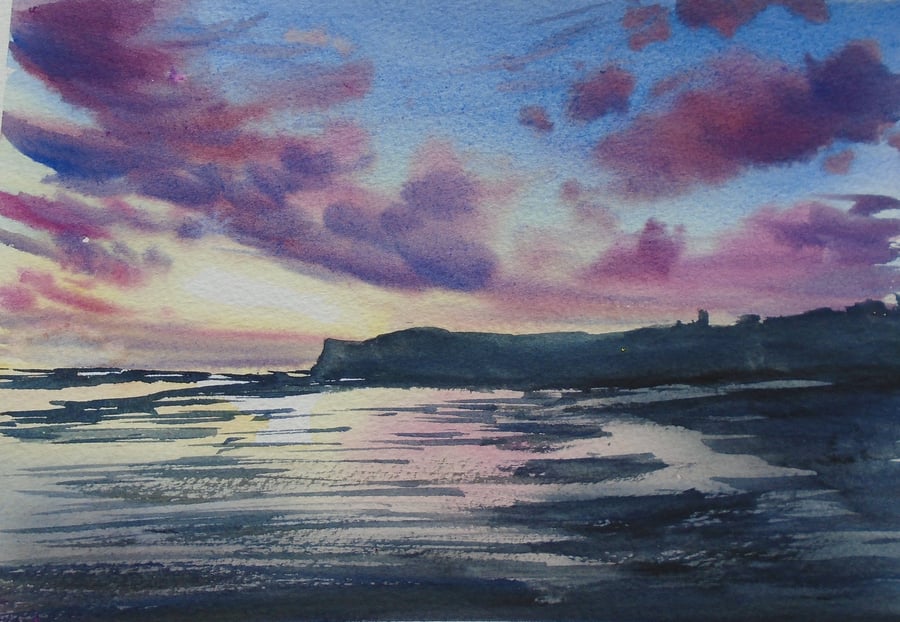 Saltburn sun rise (ORIGINAL PURE WATERCOLOUR fully mounted 12 x 10 ), Saltburn