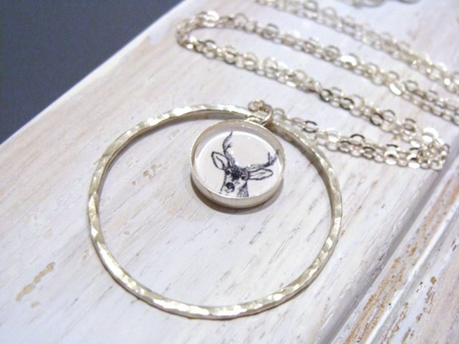 Sterling Silver Woodland Deer Charm Necklace Hammered Circle Pendant