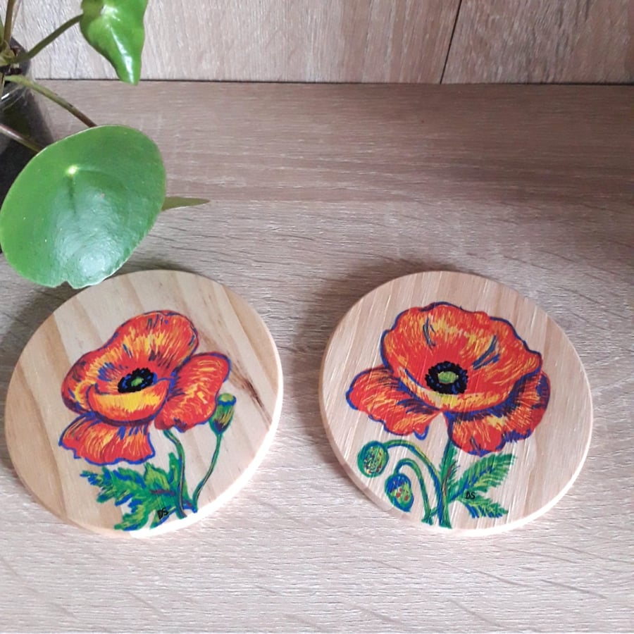 Set of two Wooden coasters, each hand drawn with different red poppy.  