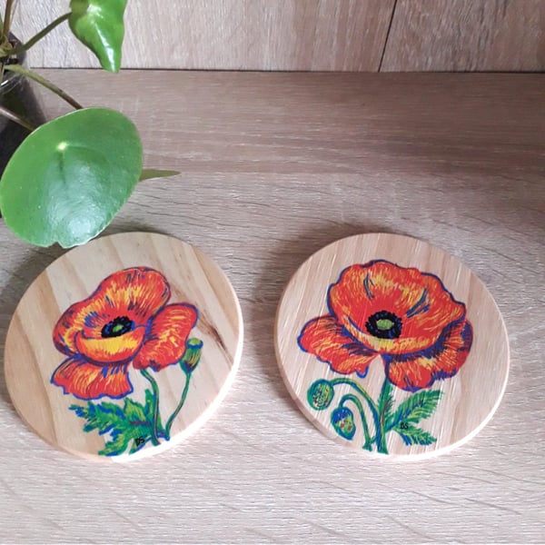Set of two Wooden coasters, each hand drawn with different red poppy.  