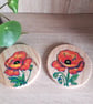 Set of two Wooden coasters, each hand drawn with different red poppy.  