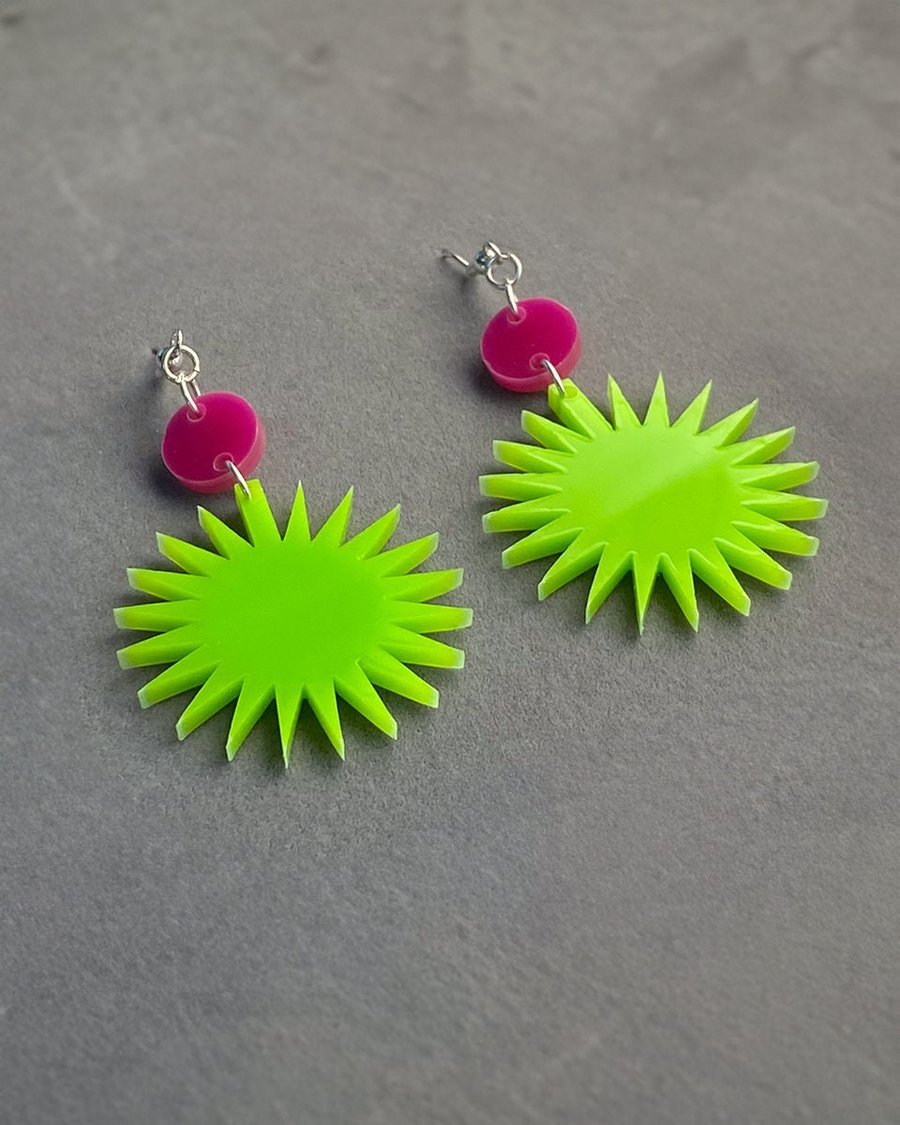 Vibrant Neon Starburst Earrings: Bold Green and Pink Spike Statement Jewellery