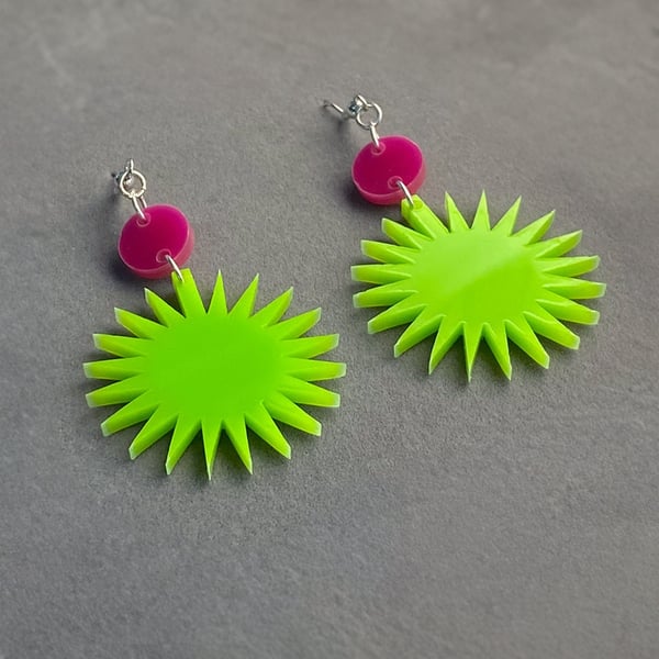 Vibrant Neon Starburst Earrings: Bold Green and Pink Spike Statement Jewellery