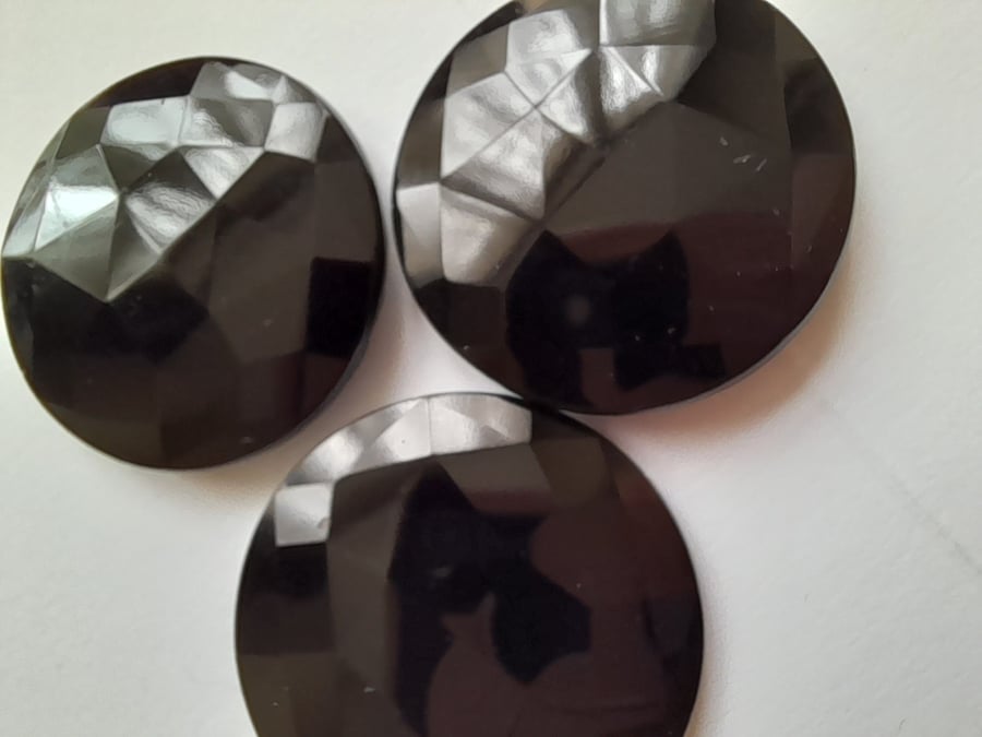 3 Large 32mm Black Glass vintage buttons, multifaceted, with back shank