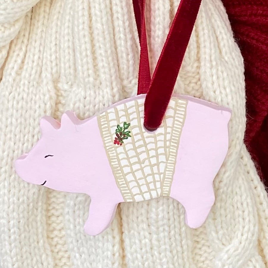 Cranberry, Pig in Blanket - hand painted hanging decoration (one)