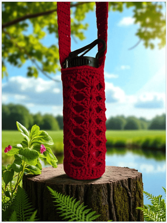 Hand Crochet Water Bottle Holder Crossbody Water Bottle Carrier - Red