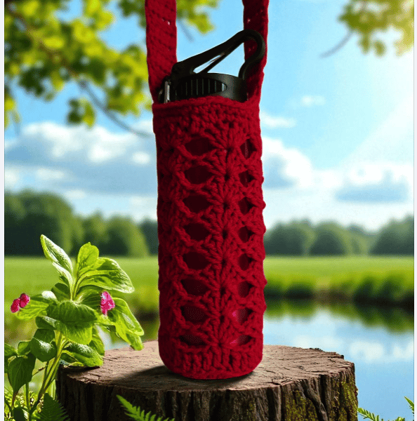 Hand Crochet Water Bottle Holder Crossbody Water Bottle Carrier - Red