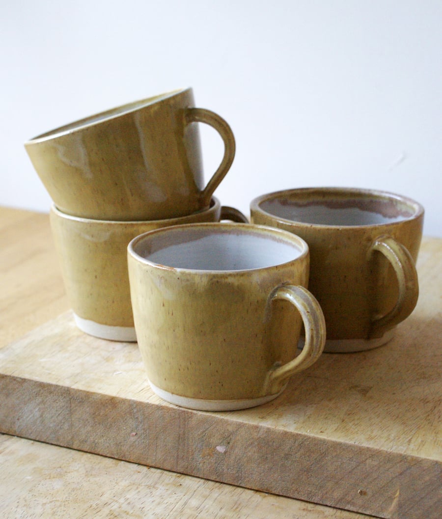 Handmade pottery mugs set of four - woodland frog mugs glazed in pepper yellow