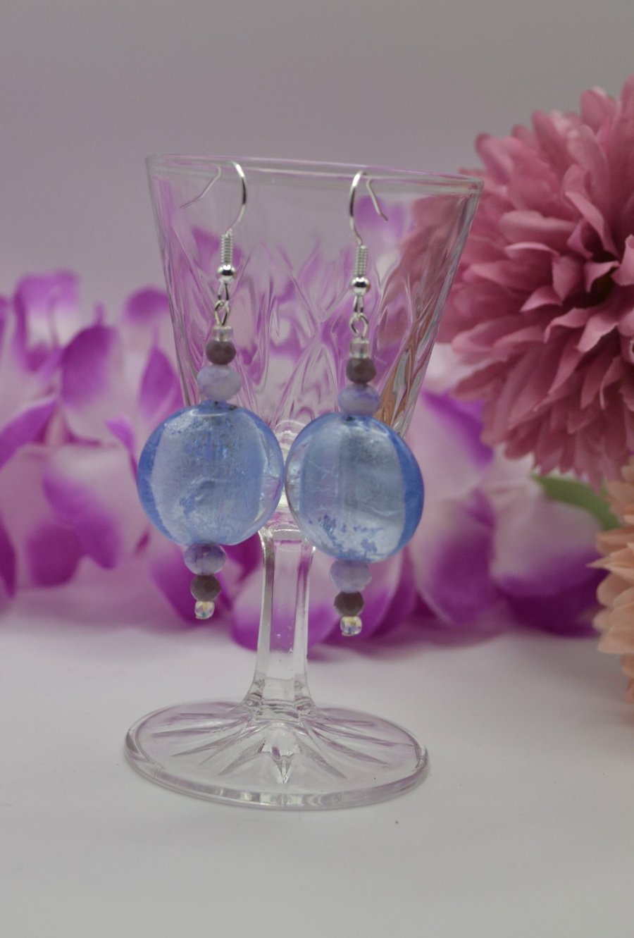 Silver Lined Light Blue Glass Earrings
