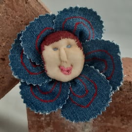 Flower Baby Brooch - Denim with Red Hair