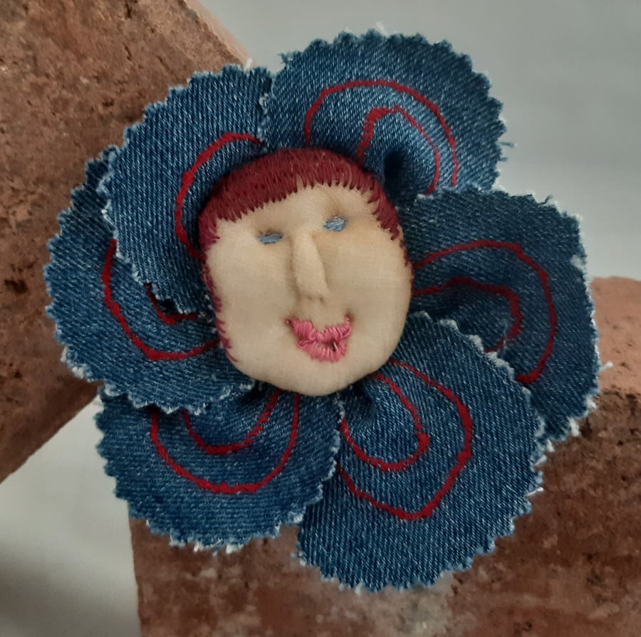 Flower Baby Brooch - Denim with Red Hair