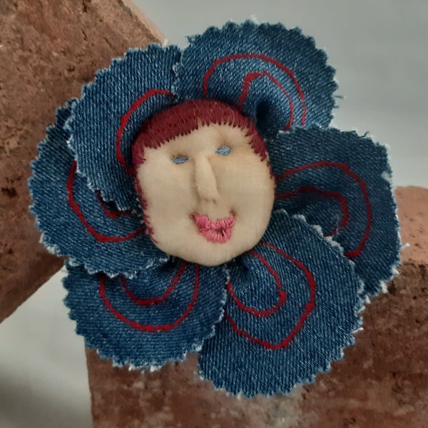 Flower Baby Brooch - Denim with Red Hair