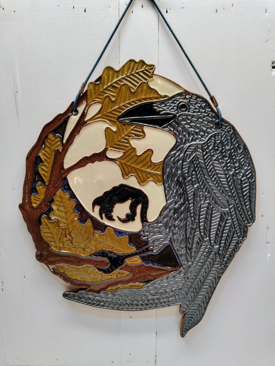 Crow wall art, decorative ceramic plaque