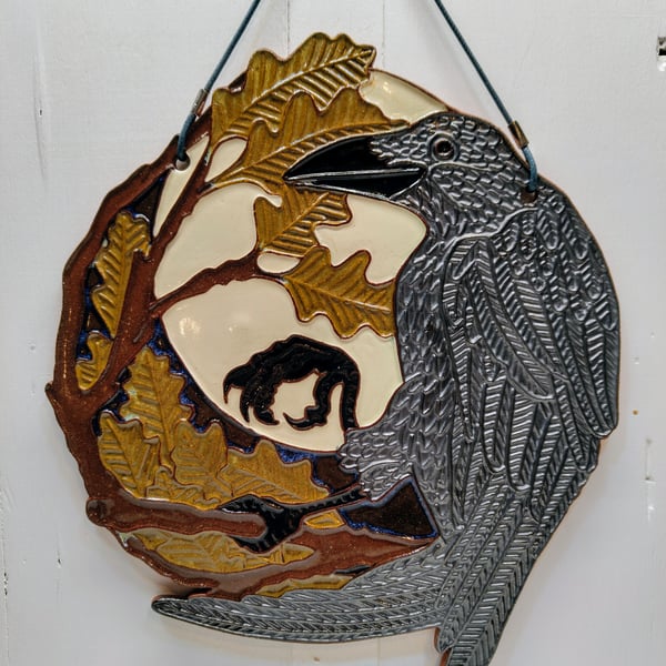 Crow wall art, decorative ceramic plaque