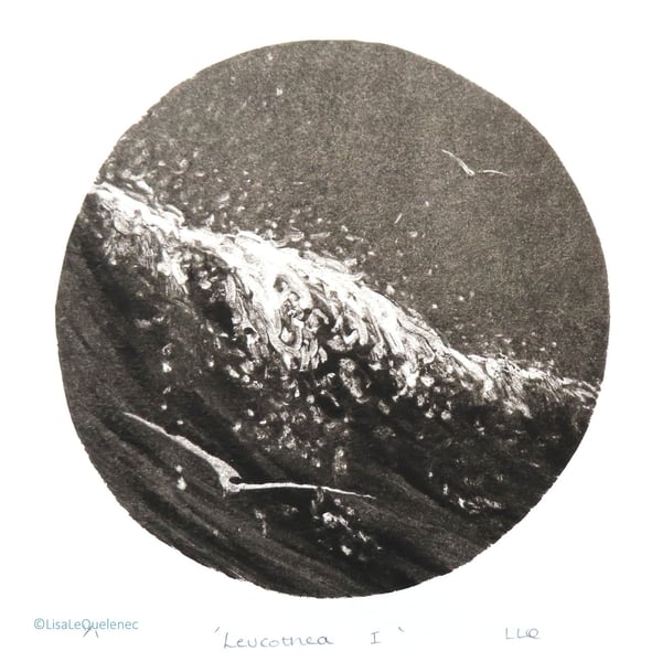 Sea, surf and gliding gulls black and white monoprint coastal beach scene