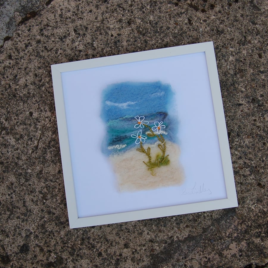 Needle felted and hand embroidered wool picture - Coastal  27 x 27 cm
